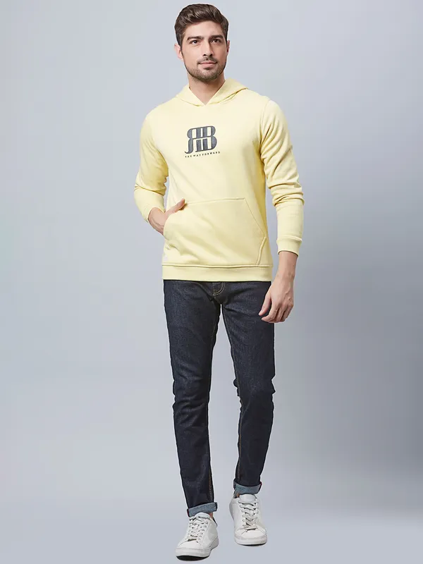 River Blue light yellow printed hooded t shirt
