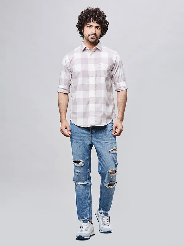 RIVER BLUE  lilac checkered casual cotton shirt