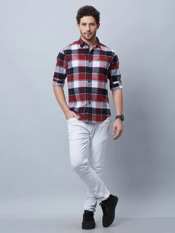 River Blue maroon checks casual shirt