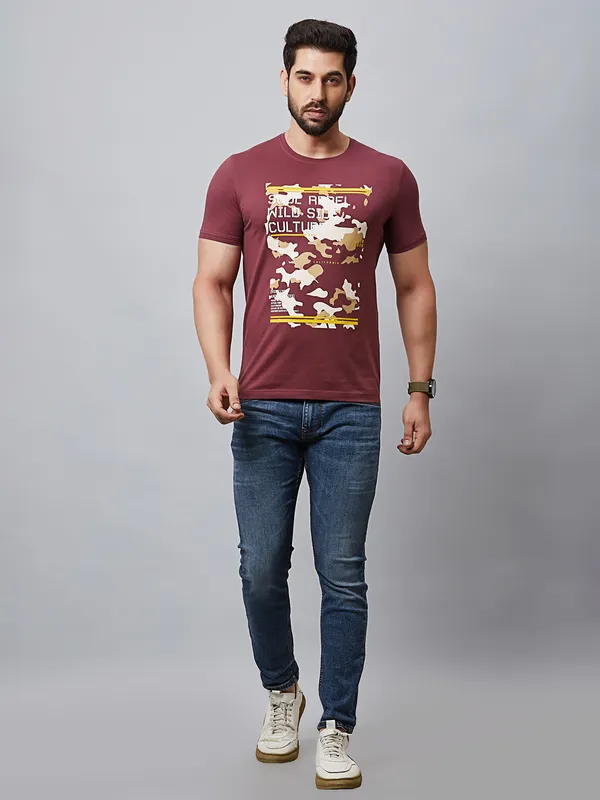 River Blue maroon cotton printed t shirt