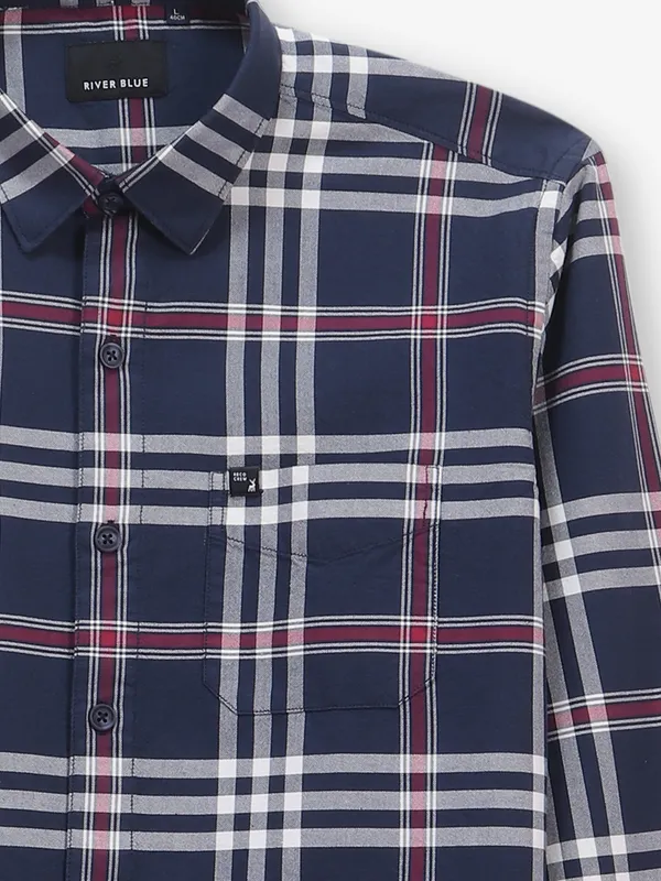 RIVER BLUE navy checks cotton slim fit shirt