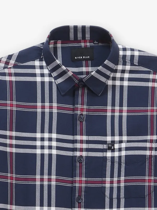 RIVER BLUE navy checks cotton slim fit shirt