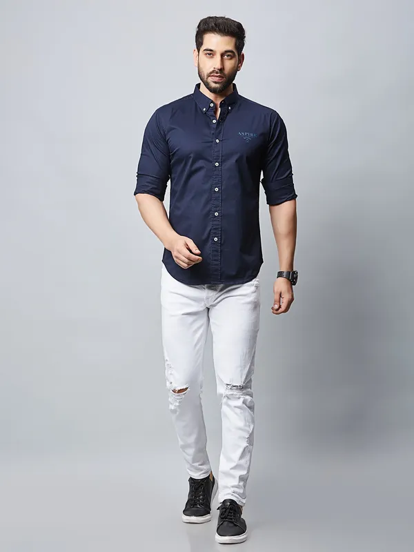 River Blue navy plain cotton shirt