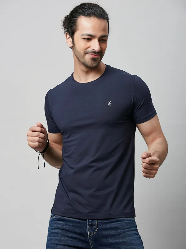 River Blue navy slim fit cotton half sleeves t shirt