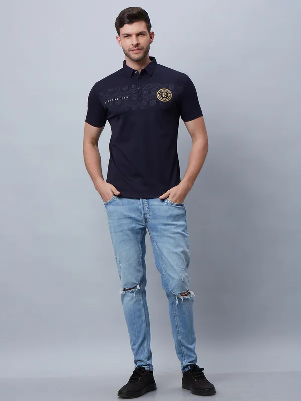River Blue navy slim fit printed t shirt