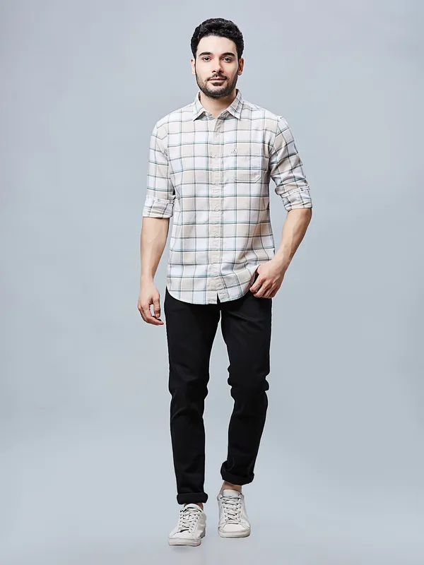 RIVER BLUE off white checks pattern coton shirt