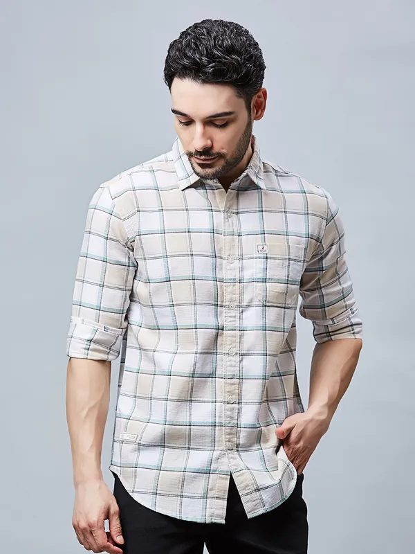 RIVER BLUE off white checks pattern coton shirt
