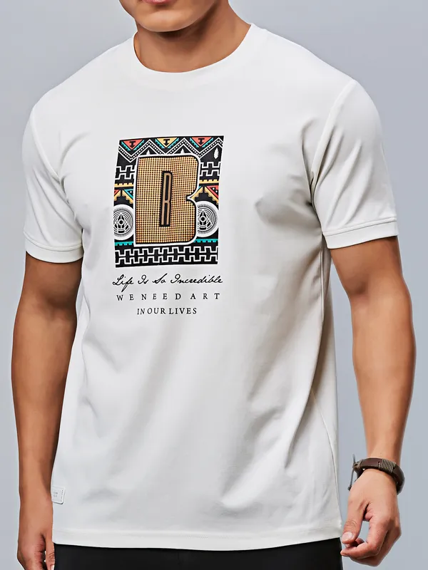 RIVER BLUE off-white printed cotton t-shirt for men