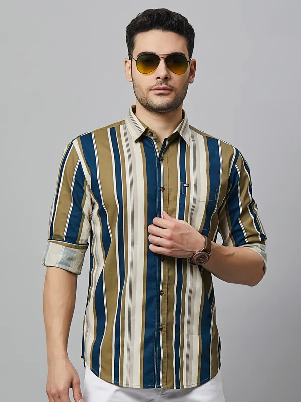 River Blue olive and blue stripe shirt