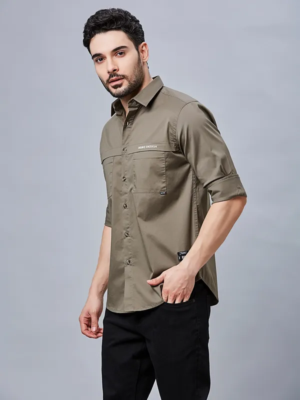 RIVER BLUE olive plain cotton shirt for men