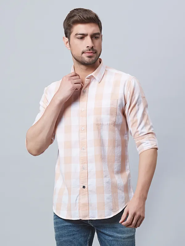 River Blue peach checks cotton shirt