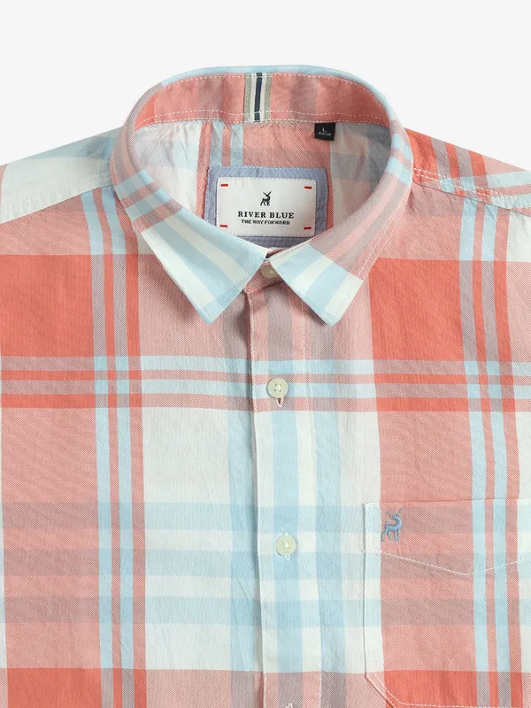 RIVER BLUE peach cotton checks shirt