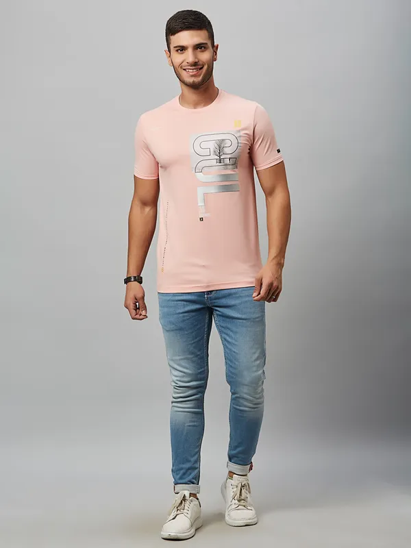 River Blue peach cotton printed t shirt