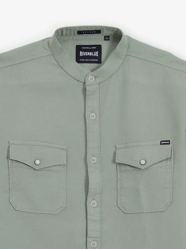 RIVER BLUE pista green plain cotton shirt