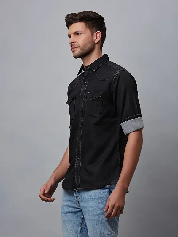 River Blue plain black denim shirt