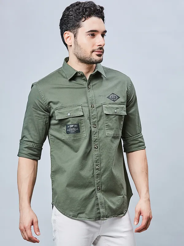 RIVER BLUE plain cotton men shirt in olive