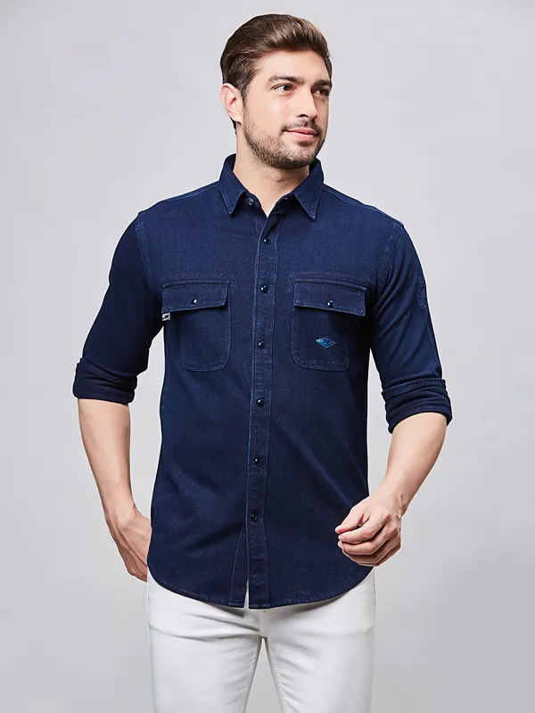 RIVER BLUE plain denim blue shirt for men