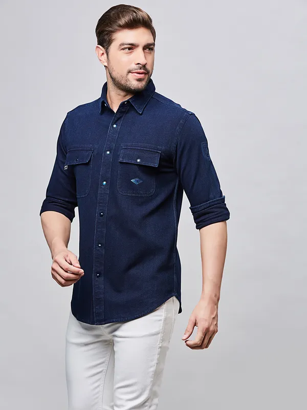 RIVER BLUE plain denim blue shirt for men