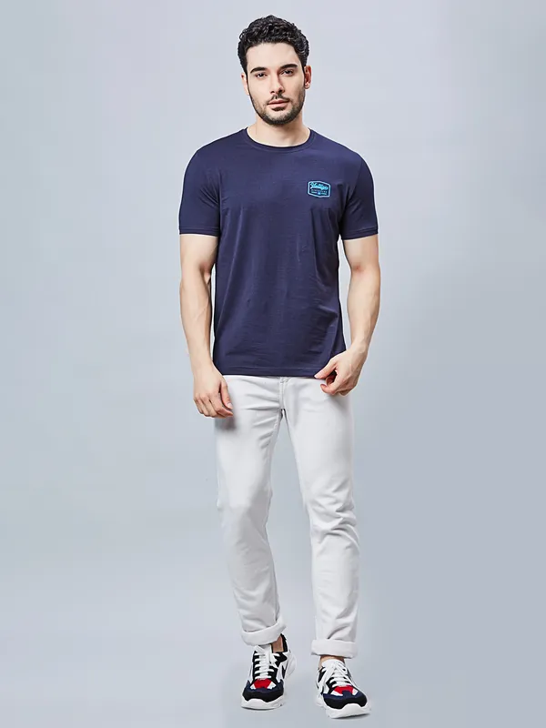 RIVER BLUE plain navy cotton slim fit t-shirt