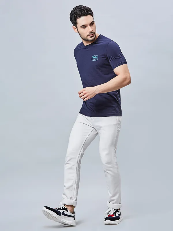 RIVER BLUE plain navy cotton slim fit t-shirt