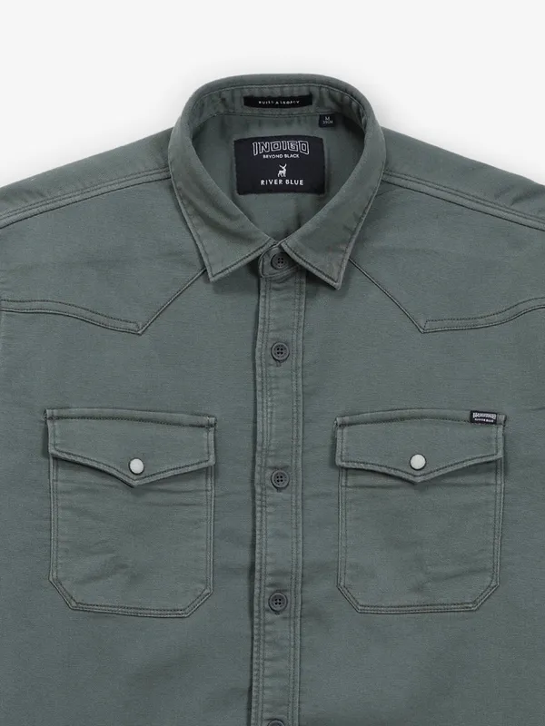 RIVER BLUE plain olive denim shirt