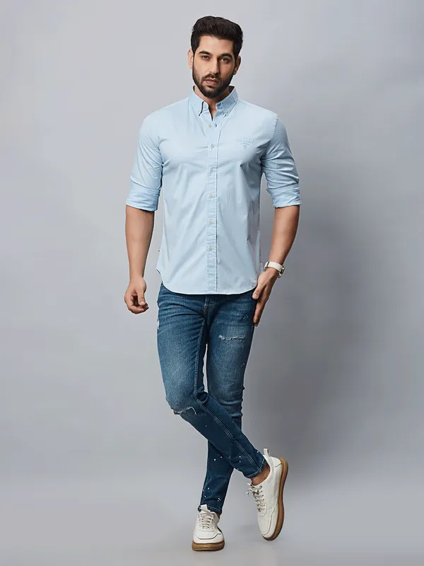 River Blue plain sky blue cotton shirt