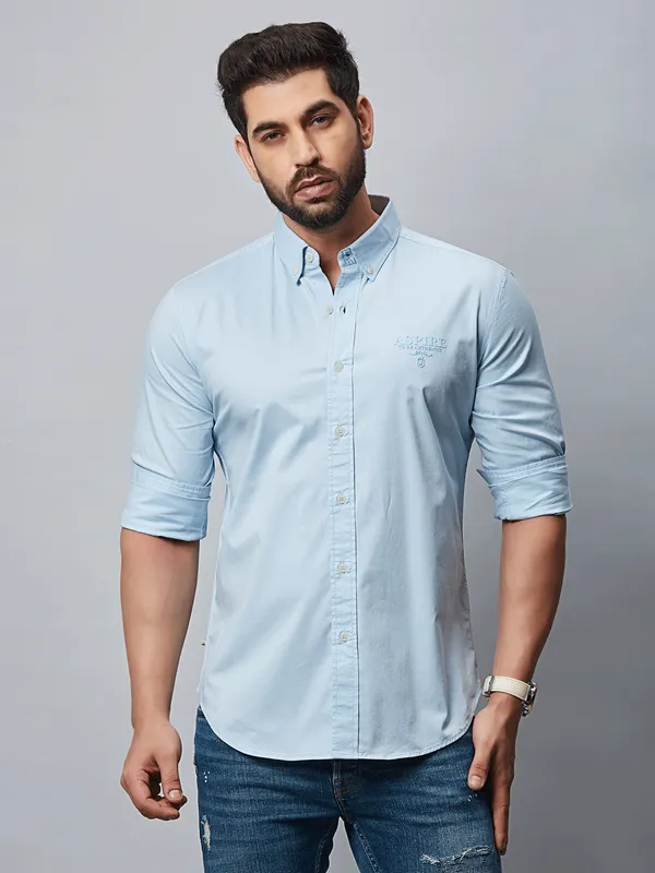 River Blue plain sky blue cotton shirt