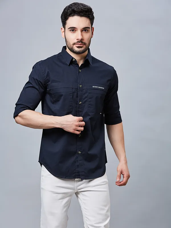 RIVER BLUE plain slim fit cotton blue men shirt