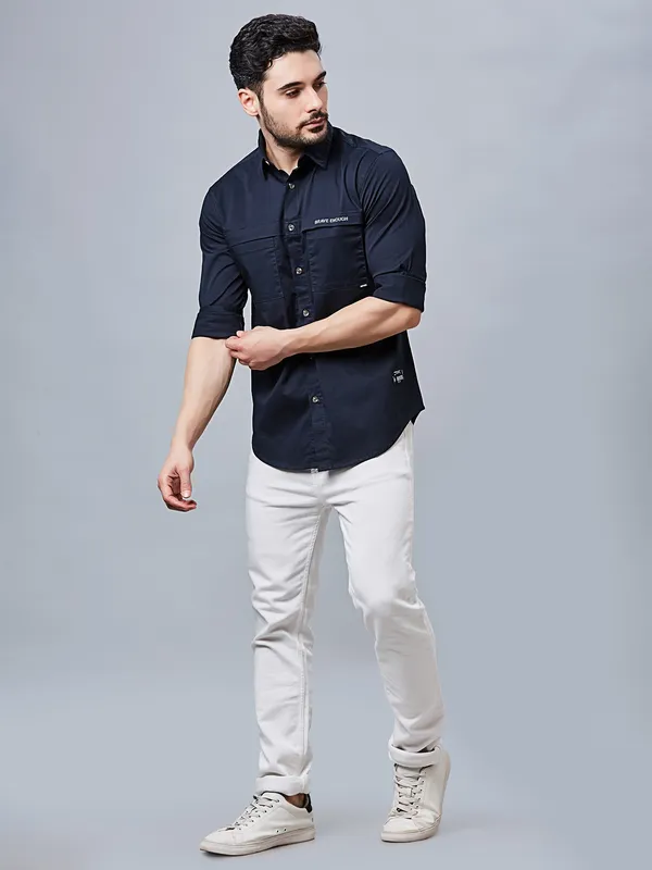 RIVER BLUE plain slim fit cotton blue men shirt