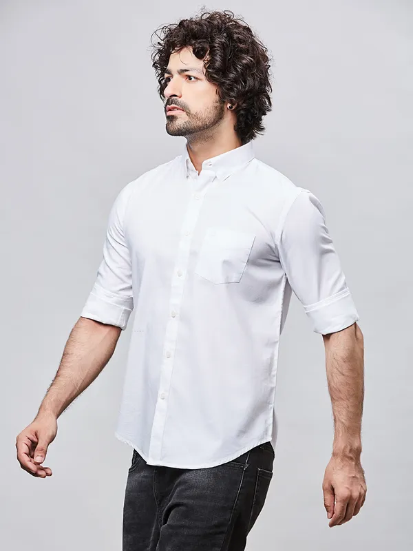 RIVER BLUE plain white slim fir cotton shirt