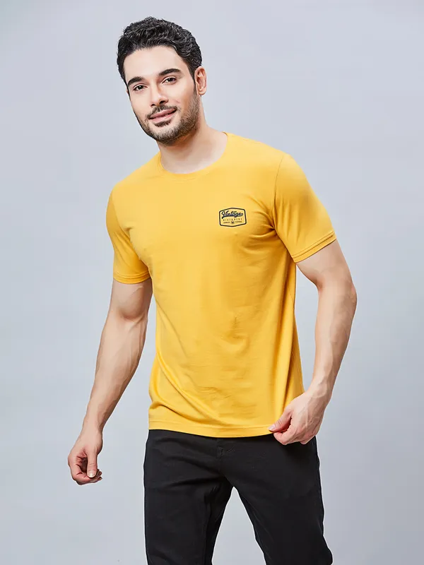 RIVER BLUE plain yellow cotton slim fit t-shirt