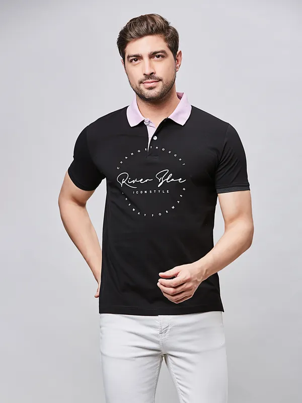 RIVER BLUE printed black cotton slim t-shirt