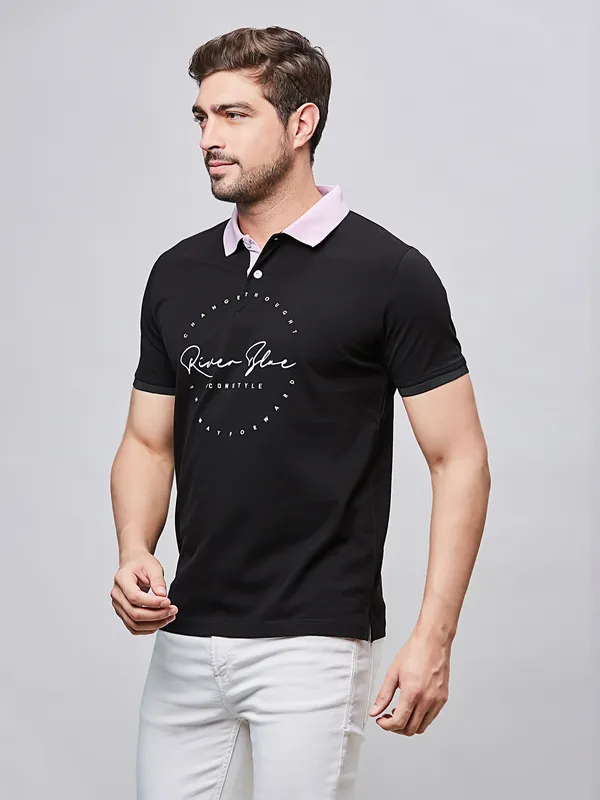 RIVER BLUE printed black cotton slim t-shirt