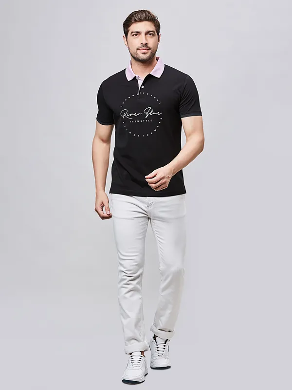 RIVER BLUE printed black cotton slim t-shirt