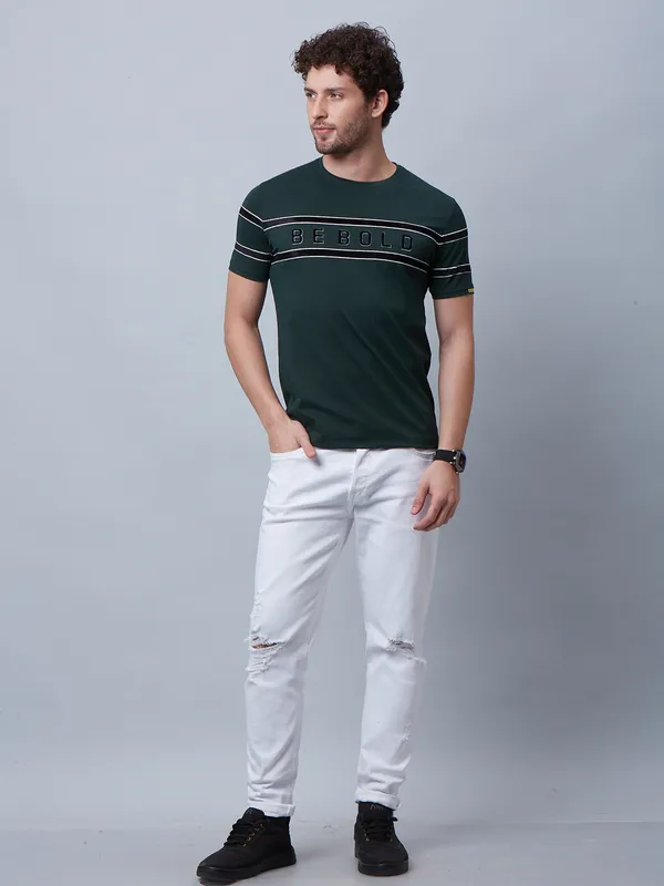 River Blue printed bottle green cotton t shirt