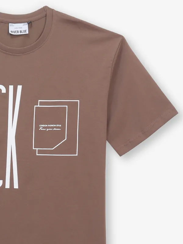 RIVER BLUE printed bright brown cotton t-shirt