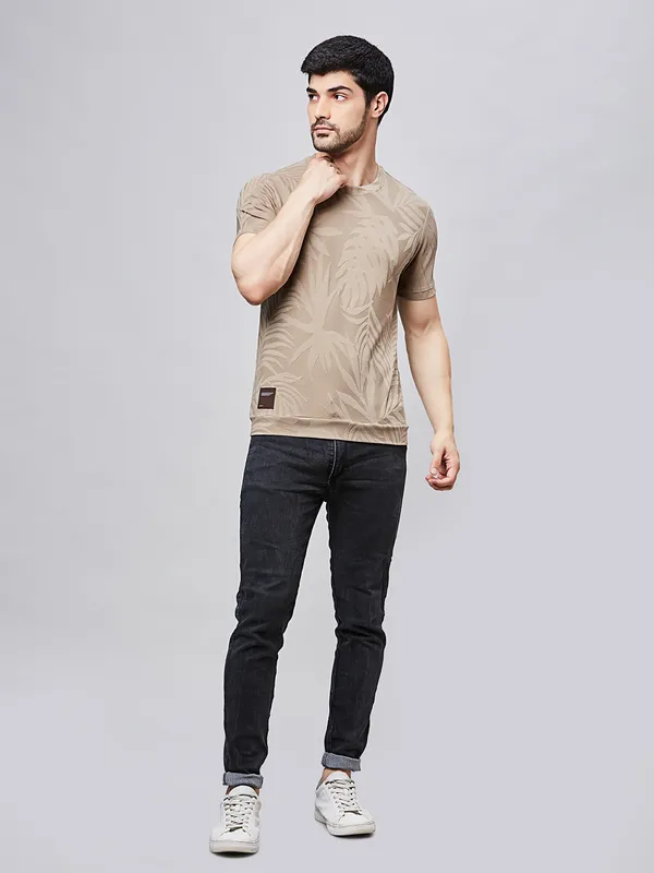 RIVER BLUE printed brown cotton slim fit t-shirt