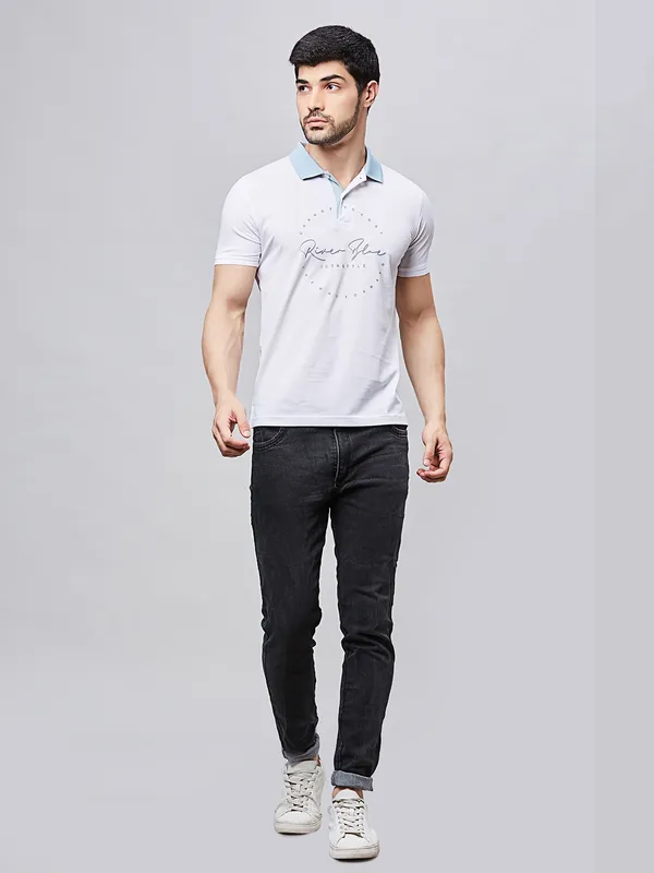 RIVER BLUE printed casual white slim fit t-shirt