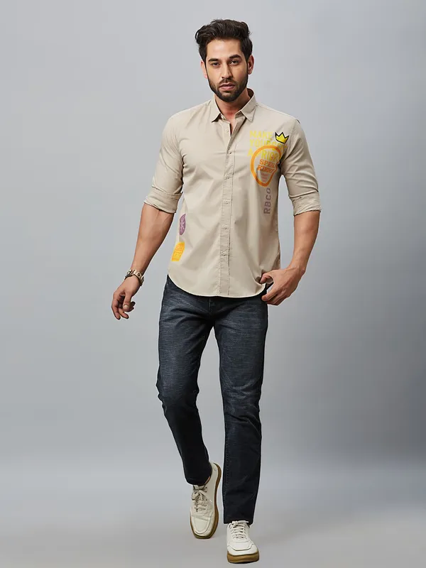 River Blue printed cotton beige shirt