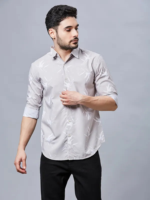 RIVER BLUE printed cotton grey slim fit shirt