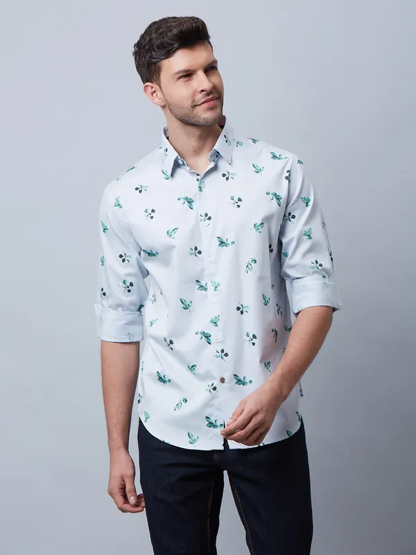 River Blue printed cotton light blue shirt