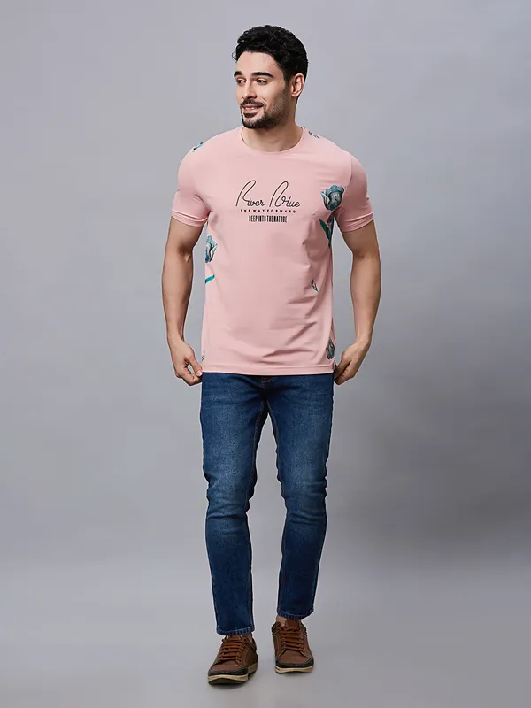 River Blue printed cotton pink t-shirt