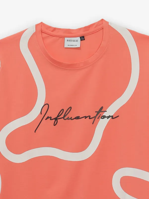 RIVER BLUE printed cotton t-shirt in carrot peach