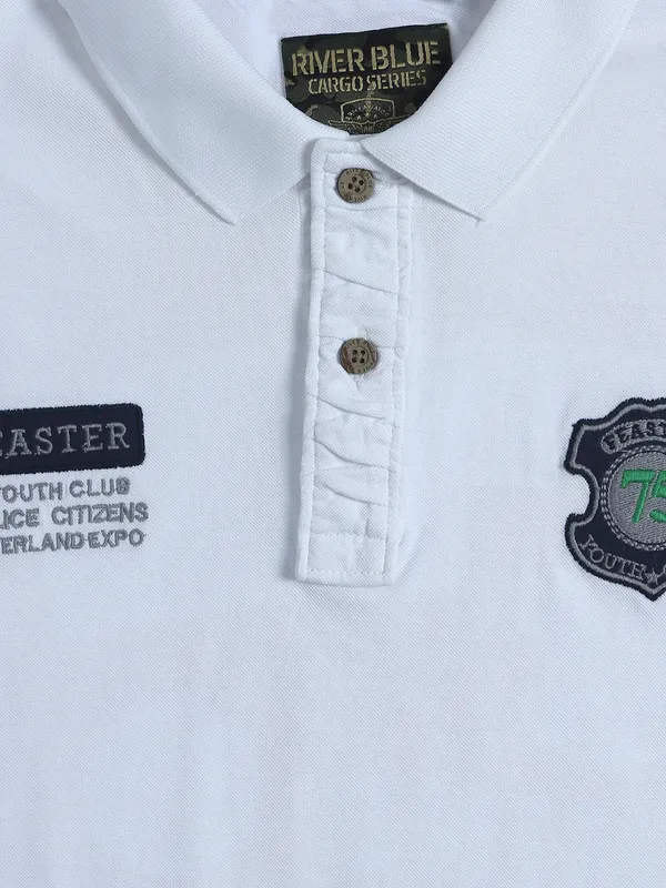RIVER BLUE printed cotton white polo t-shirt