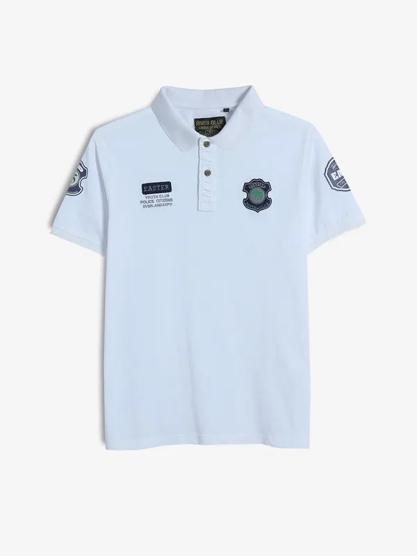 RIVER BLUE printed cotton white polo t-shirt