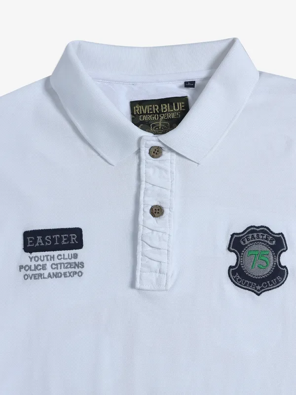 RIVER BLUE printed cotton white polo t-shirt