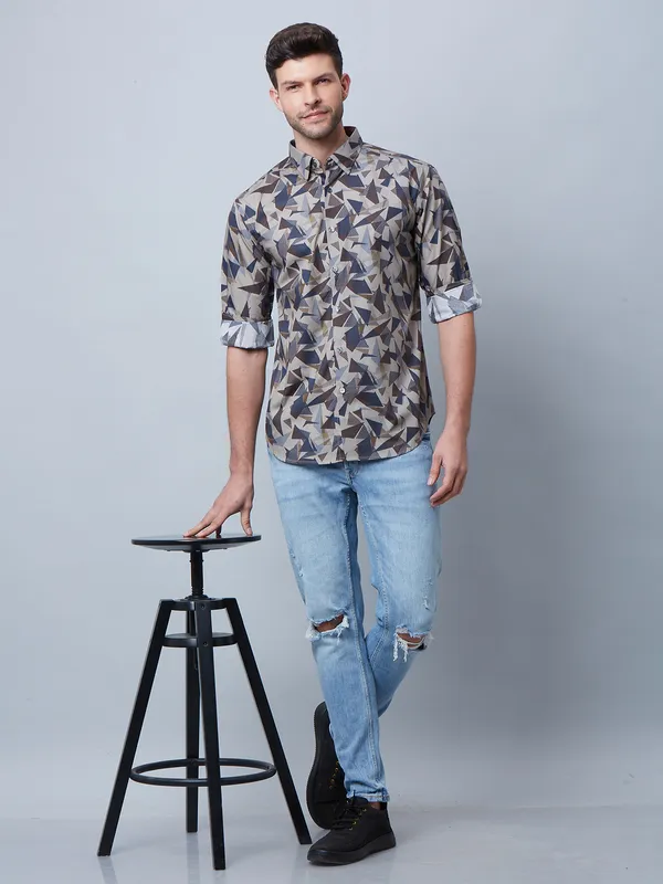 River Blue printed fawn beige shirt