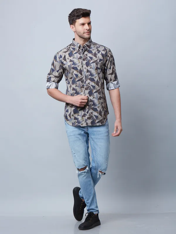 River Blue printed fawn beige shirt