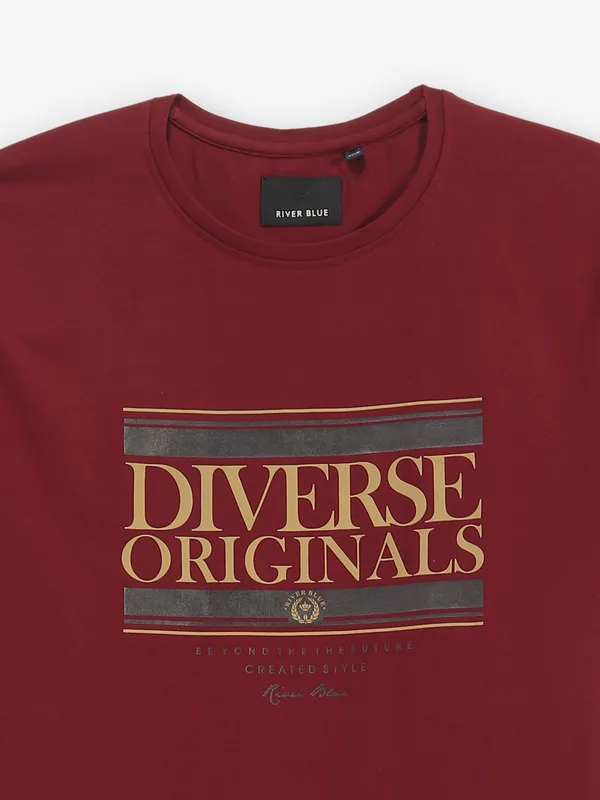 RIVER BLUE printed maroon round neck t-shirt