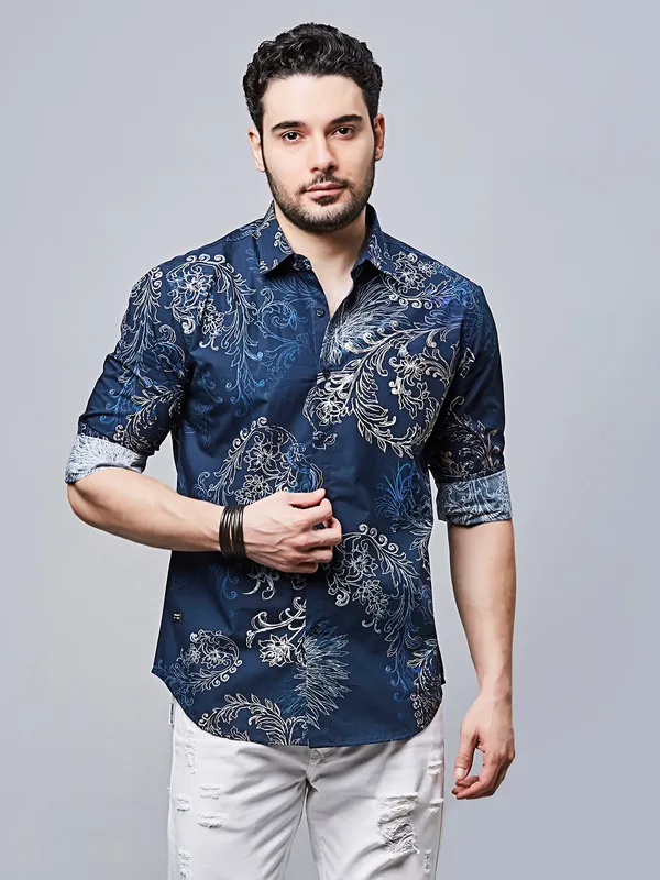 RIVER BLUE printed navy cotton casual wear shirt
